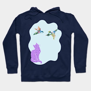 Camouflage Purple Cat Watching Birds Silhouette Art Hoodie